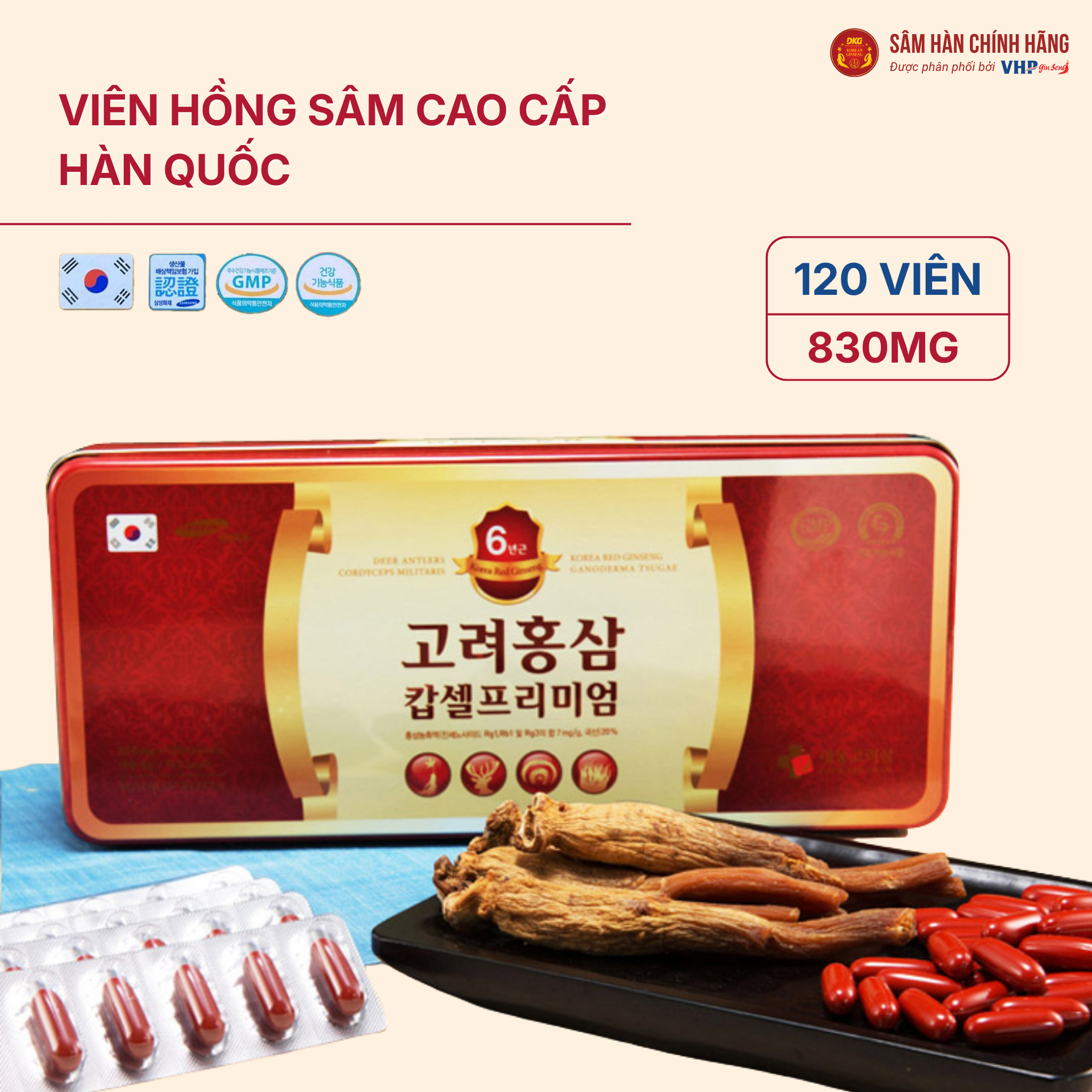 Viên hồng sâm cao cấp Hàn Quốc Viên hồng sâm cao cấp Hàn Quốc (Korea Red Ginseng Capsule Premium) 830mg*120 viên/hộp